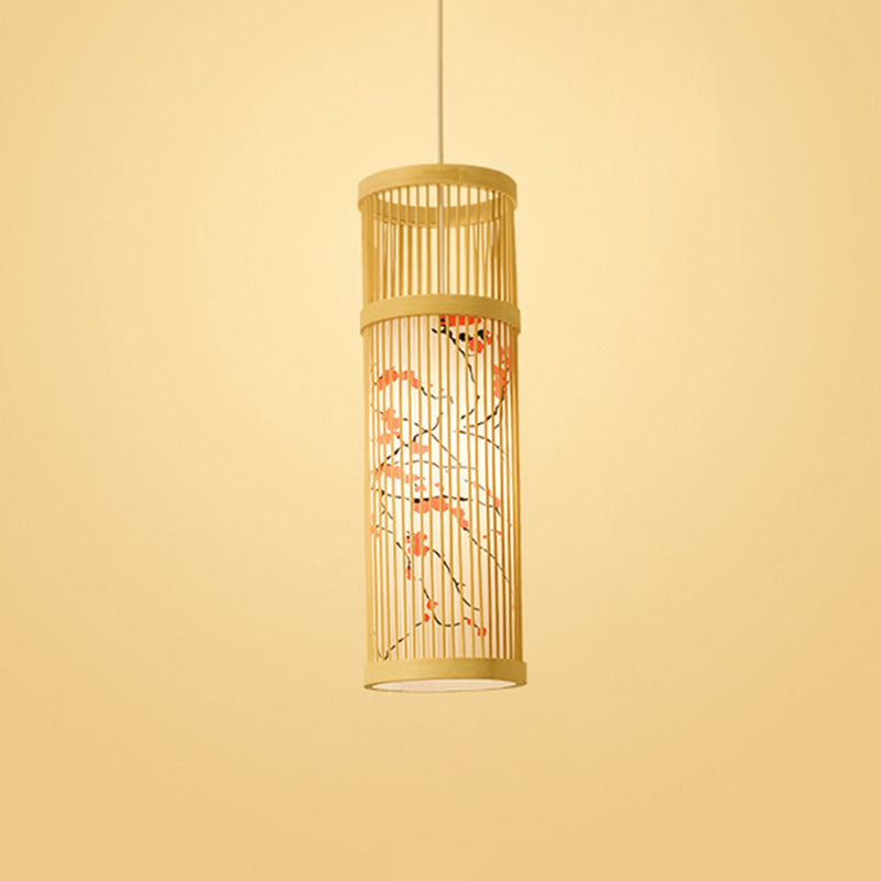 Chinoiserie Woven Hanging Light Fixture Bamboo Single Tea Room Ceiling Light with Print Lampshade