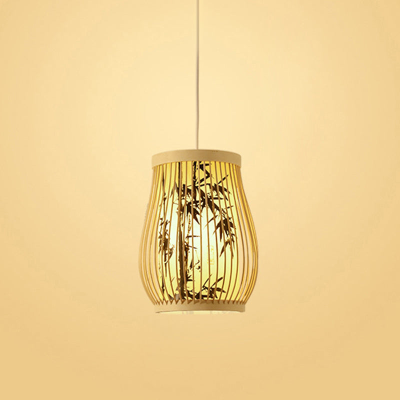 Chinoiserie Woven Hanging Light Fixture Bamboo Single Tea Room Ceiling Light with Print Lampshade