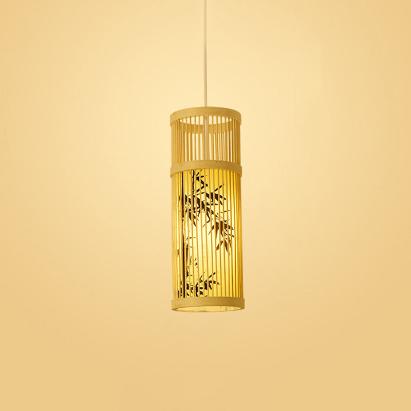 Chinoiserie Woven Hanging Light Fixture Bamboo Single Tea Room Ceiling Light with Print Lampshade