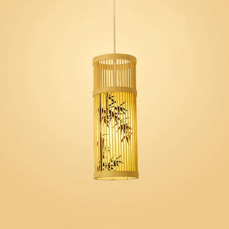 Chinoiserie Woven Hanging Light Fixture Bamboo Single Tea Room Ceiling Light with Print Lampshade