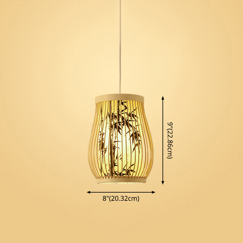 Chinoiserie Woven Hanging Light Fixture Bamboo Single Tea Room Ceiling Light with Print Lampshade