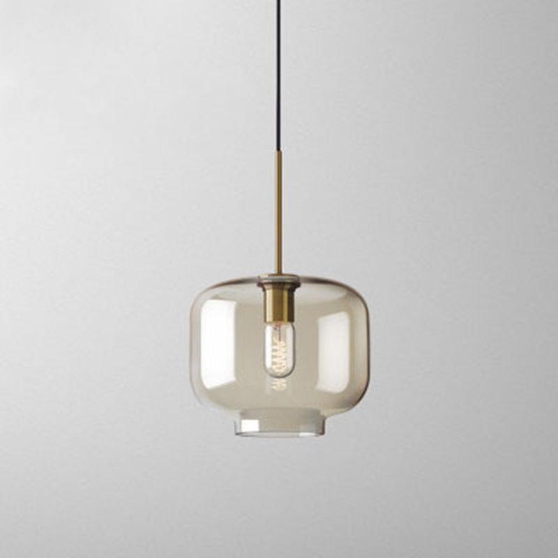 1-Light Pendant Lamp Vintage Cafe Hanging Light with Geometric Glass Shade in Brass