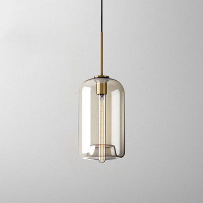 1-Light Pendant Lamp Vintage Cafe Hanging Light with Geometric Glass Shade in Brass