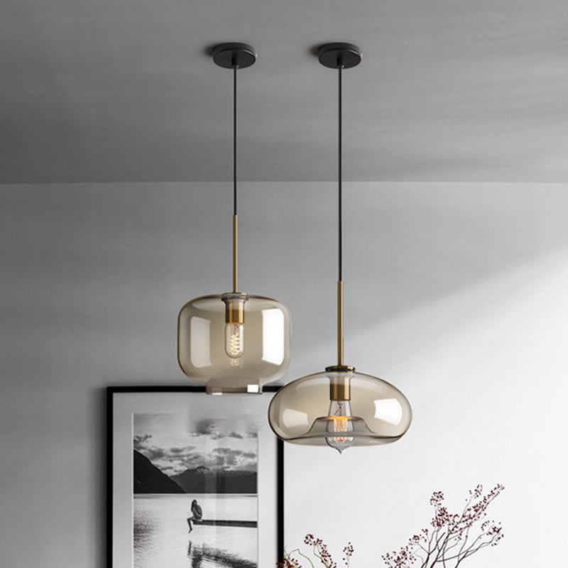 1-Light Pendant Lamp Vintage Cafe Hanging Light with Geometric Glass Shade in Brass