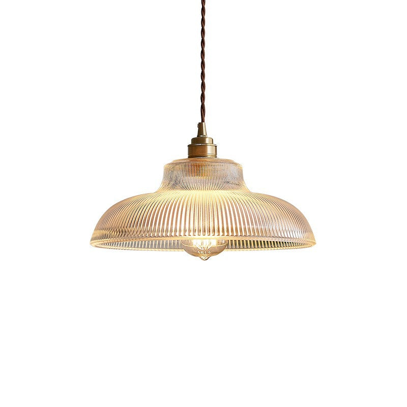 Bowl Shaped Cafe Pendant Lighting Retro Clear Striped Glass Single Brass Hanging Lamp