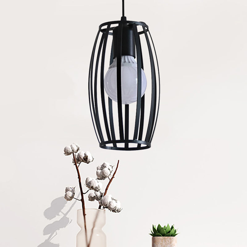 Black Barrel Shaped Hanging Lighting Industrial Bistro Cage Suspension Pendant Lamp