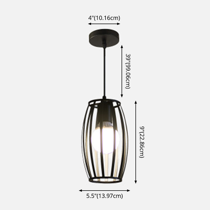 Black Barrel Shaped Hanging Lighting Industrial Bistro Cage Suspension Pendant Lamp