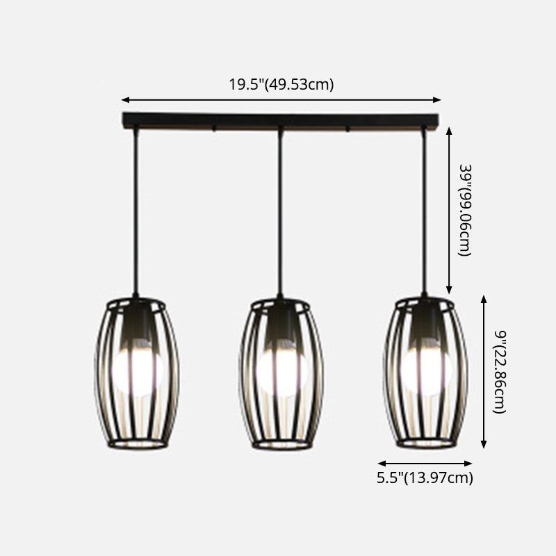 Black Barrel Shaped Hanging Lighting Industrial Bistro Cage Suspension Pendant Lamp