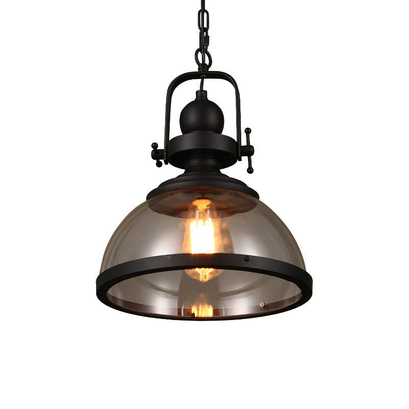 Industrial Style Pot Lid Pendant Lamp 1-Light Clear Glass Ceiling Fixture with Handle in Black