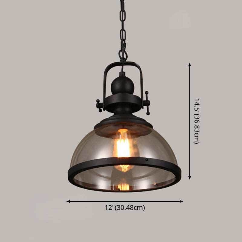 Industrial Style Pot Lid Pendant Lamp 1-Light Clear Glass Ceiling Fixture with Handle in Black