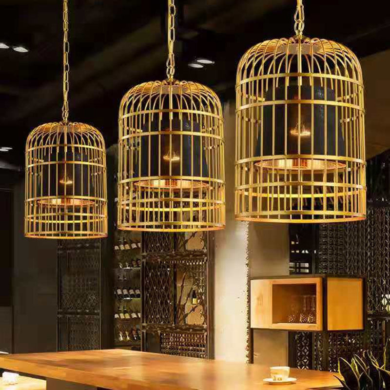 Gold Plated Birdcage Hanging Lamp Country Metal 1 Bulb Restaurant Ceiling Light with Cone Shade