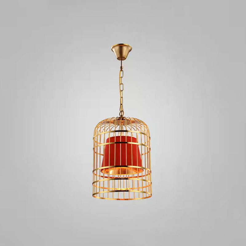 Gold Plated Birdcage Hanging Lamp Country Metal 1 Bulb Restaurant Ceiling Light with Cone Shade