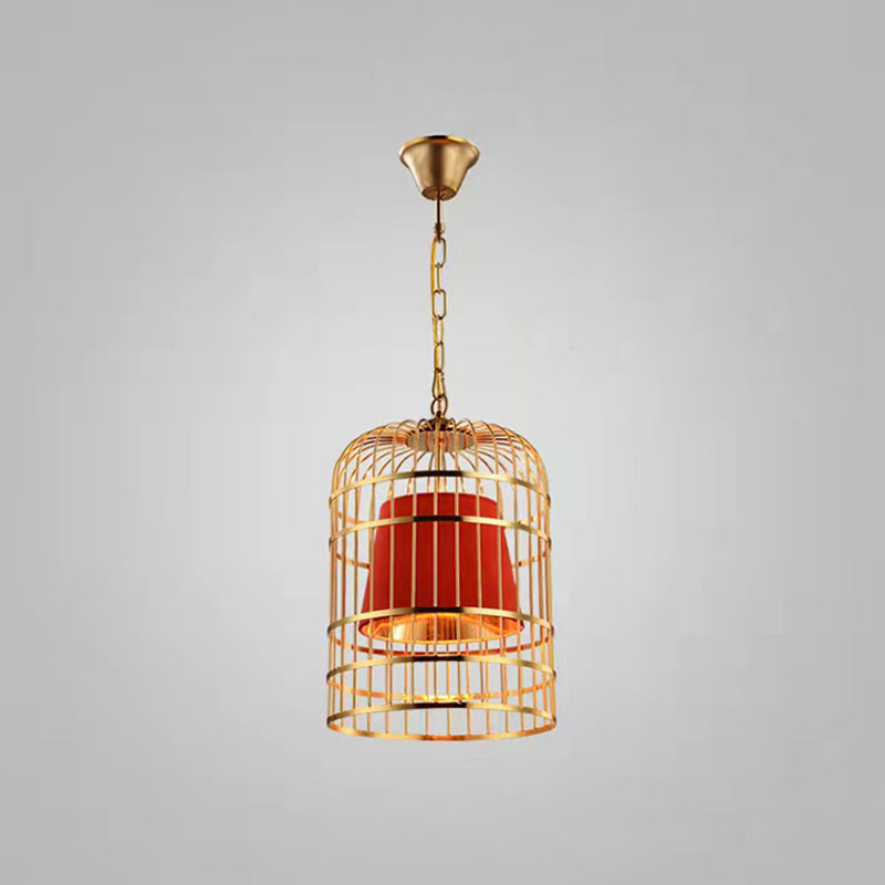 Gold Plated Birdcage Hanging Lamp Country Metal 1 Bulb Restaurant Ceiling Light with Cone Shade