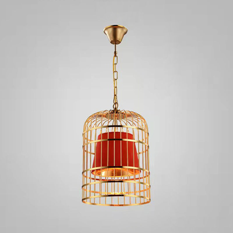 Gold Plated Birdcage Hanging Lamp Country Metal 1 Bulb Restaurant Ceiling Light with Cone Shade