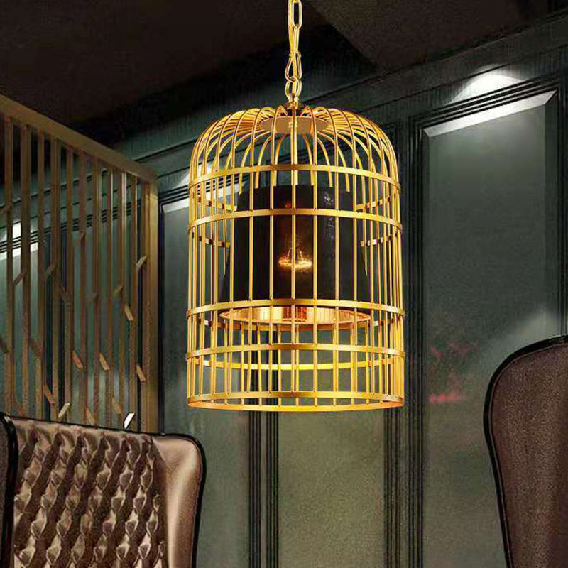 Gold Plated Birdcage Hanging Lamp Country Metal 1 Bulb Restaurant Ceiling Light with Cone Shade