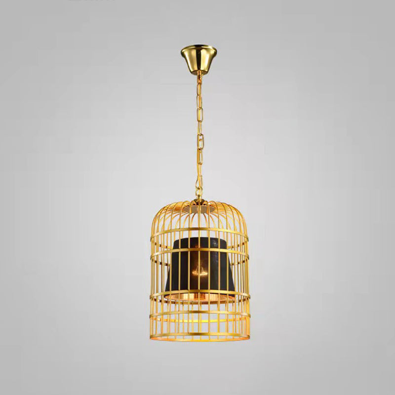 Gold Plated Birdcage Hanging Lamp Country Metal 1 Bulb Restaurant Ceiling Light with Cone Shade