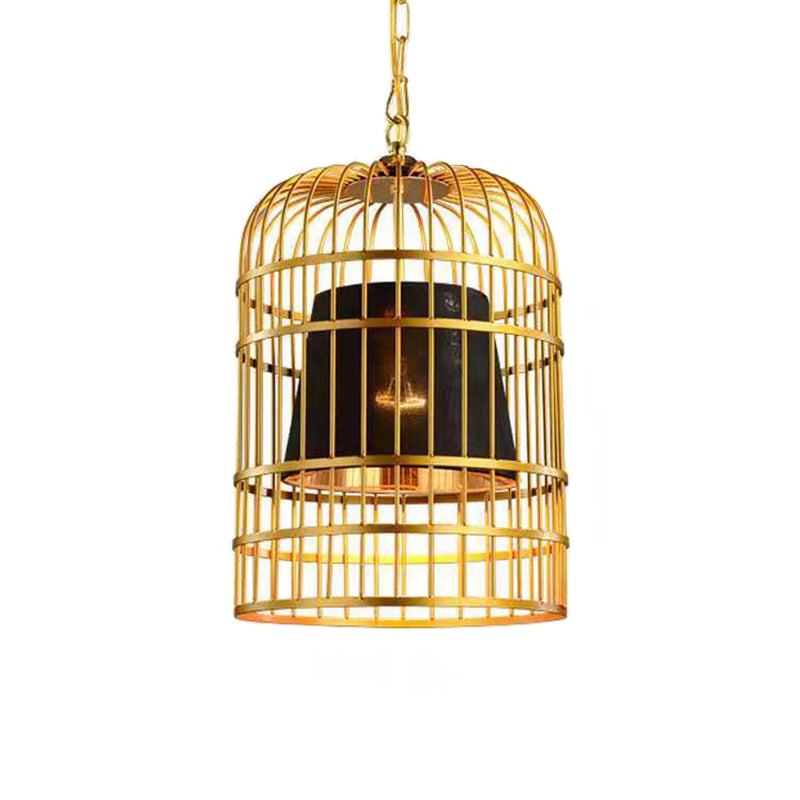 Gold Plated Birdcage Hanging Lamp Country Metal 1 Bulb Restaurant Ceiling Light with Cone Shade