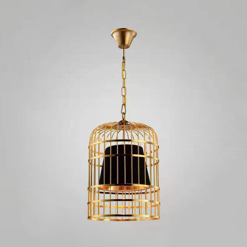 Gold Plated Birdcage Hanging Lamp Country Metal 1 Bulb Restaurant Ceiling Light with Cone Shade