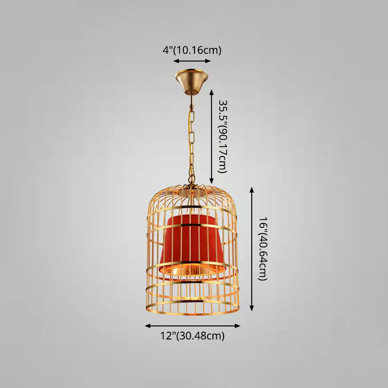 Gold Plated Birdcage Hanging Lamp Country Metal 1 Bulb Restaurant Ceiling Light with Cone Shade