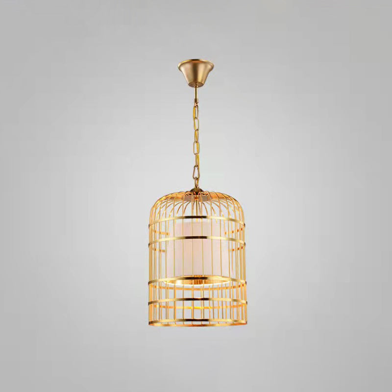 Gold Plated Birdcage Hanging Lamp Country Metal 1 Bulb Restaurant Ceiling Light with Cone Shade