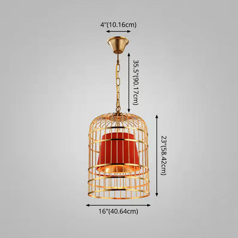 Gold Plated Birdcage Hanging Lamp Country Metal 1 Bulb Restaurant Ceiling Light with Cone Shade