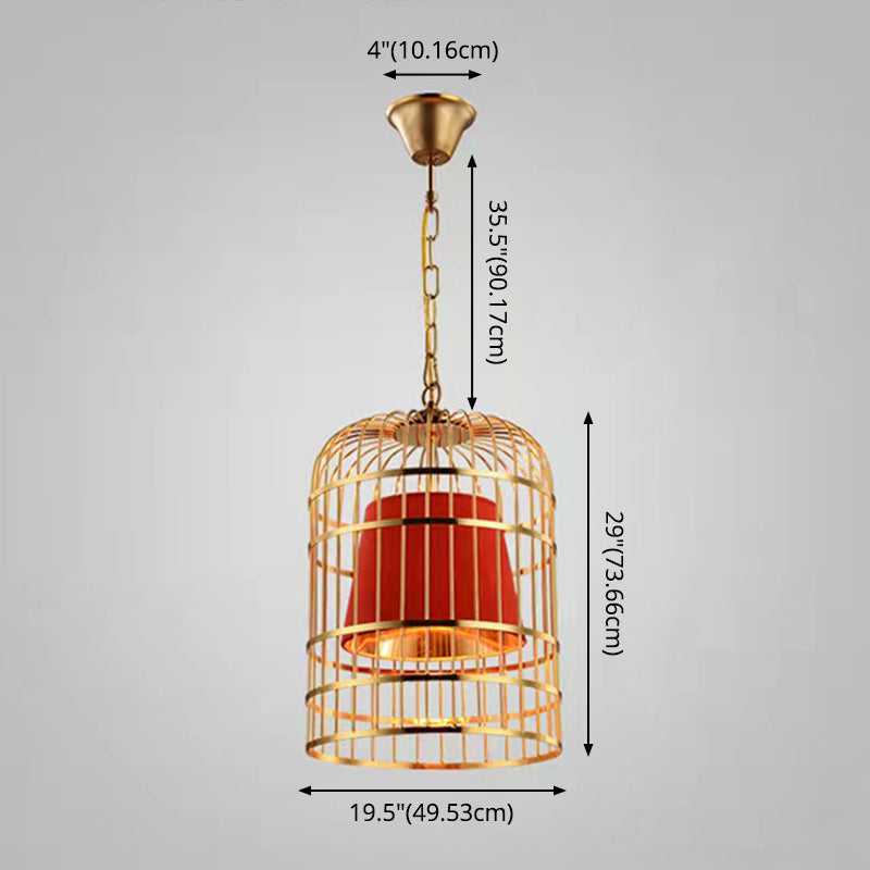 Gold Plated Birdcage Hanging Lamp Country Metal 1 Bulb Restaurant Ceiling Light with Cone Shade