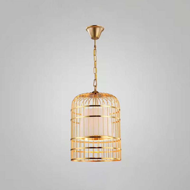 Gold Plated Birdcage Hanging Lamp Country Metal 1 Bulb Restaurant Ceiling Light with Cone Shade