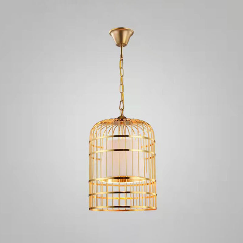 Gold Plated Birdcage Hanging Lamp Country Metal 1 Bulb Restaurant Ceiling Light with Cone Shade