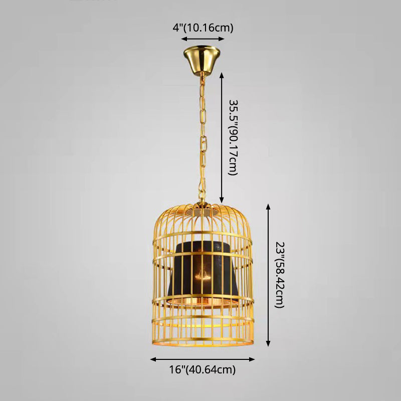 Gold Plated Birdcage Hanging Lamp Country Metal 1 Bulb Restaurant Ceiling Light with Cone Shade