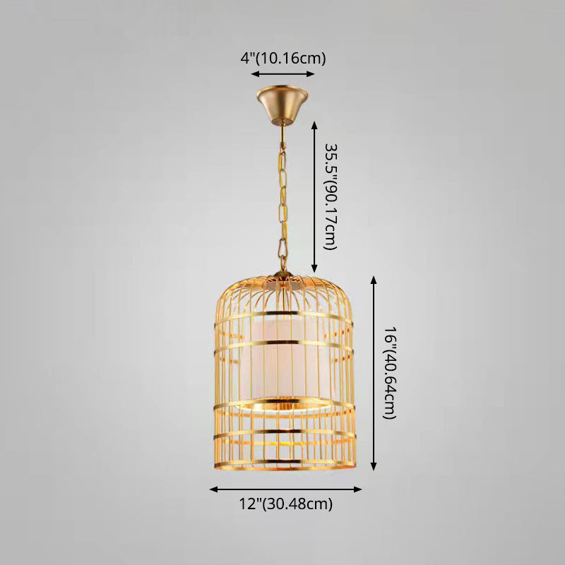 Gold Plated Birdcage Hanging Lamp Country Metal 1 Bulb Restaurant Ceiling Light with Cone Shade