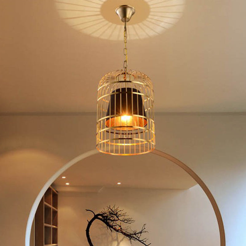 Gold Plated Birdcage Hanging Lamp Country Metal 1 Bulb Restaurant Ceiling Light with Cone Shade