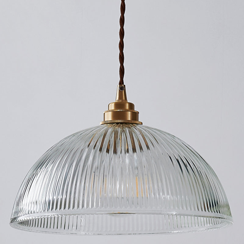 Bowl Ribbed Glass Shaded Pendant Light Simplicity Brass Mini Hanging Lamp for Dining Room