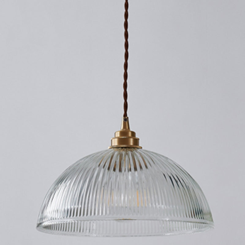 Bowl Ribbed Glass Shaded Pendant Light Simplicity Brass Mini Hanging Lamp for Dining Room