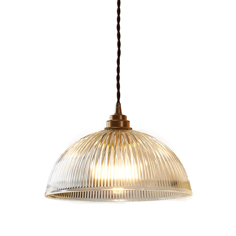 Bowl Ribbed Glass Shaded Pendant Light Simplicity Brass Mini Hanging Lamp for Dining Room