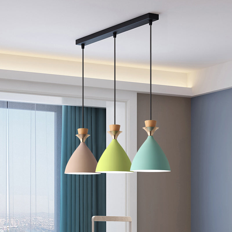 Macaroon 3-Light Cluster Pendant Green-Pink-Yellow Cone Metal Shade Hanging Light with 59" Adjustable Hanging Wire