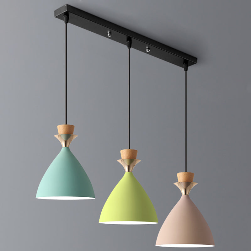 Macaroon 3-Light Cluster Pendant Green-Pink-Yellow Cone Metal Shade Hanging Light with 59" Adjustable Hanging Wire