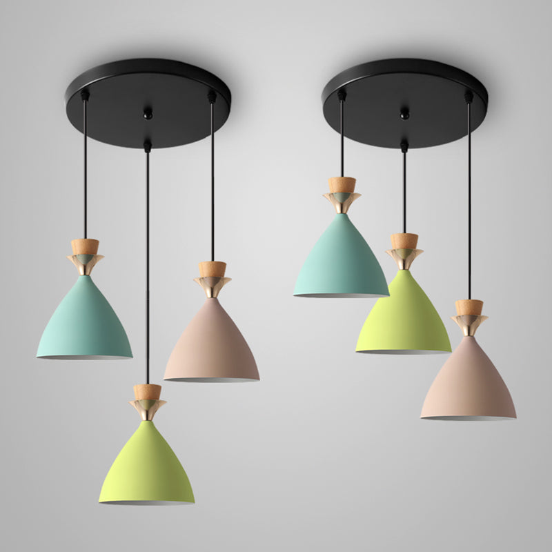 Macaroon 3-Light Cluster Pendant Green-Pink-Yellow Cone Metal Shade Hanging Light with 59" Adjustable Hanging Wire