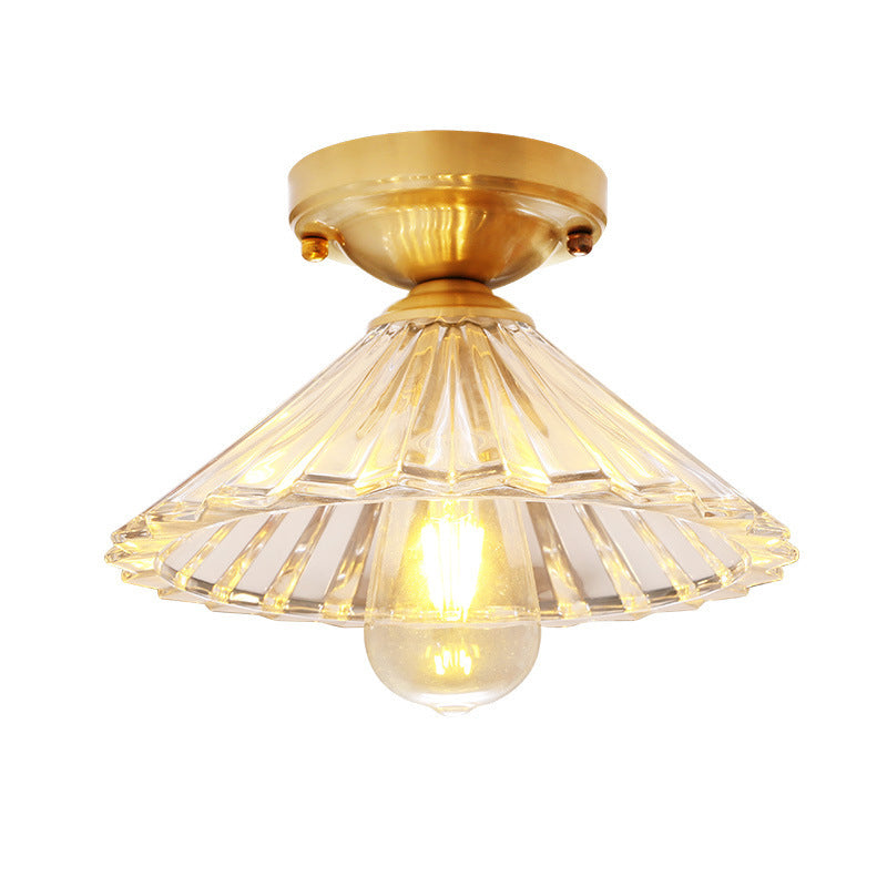 Cone Flush Mount Lampe mit Clear Striped Glass Shade Vintage 1 Light Flush Ceiling Light in Brass