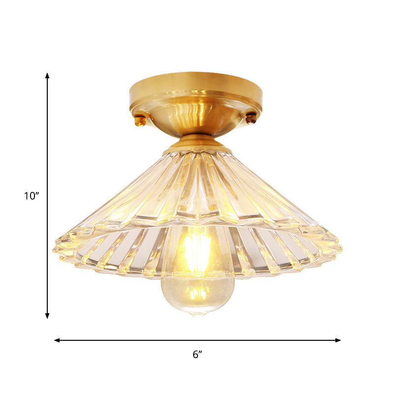 Cone Flush Mount Lamp with Clear Striped Glass Shade Vintage 1 Light Flush Ceiling Light in Brass