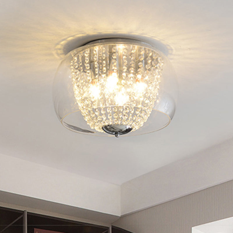 Lampada da soffitto con filo di perline di cristallo trasparente, moderna, a 4 lampadine, con montaggio a incasso in cromo