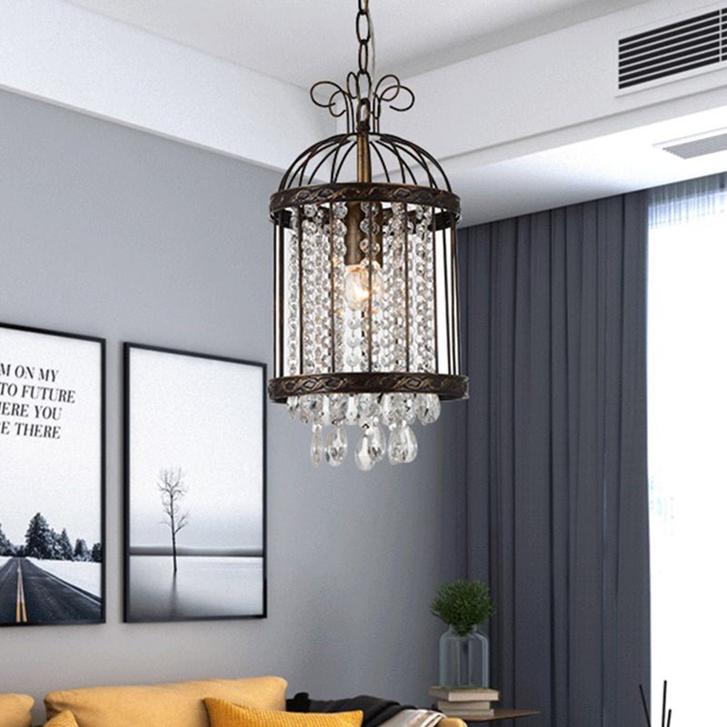 Metal Bird Cage Hanging Light Fixture Vintage 1 Light Pendant Light with Crystal Beaded Strand in Antique Bronze