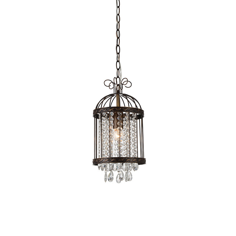 Metal Bird Cage Hanging Lighting Vintage 1 Luz de luz Luz con hebra con cuentas de cristal en bronce antiguo