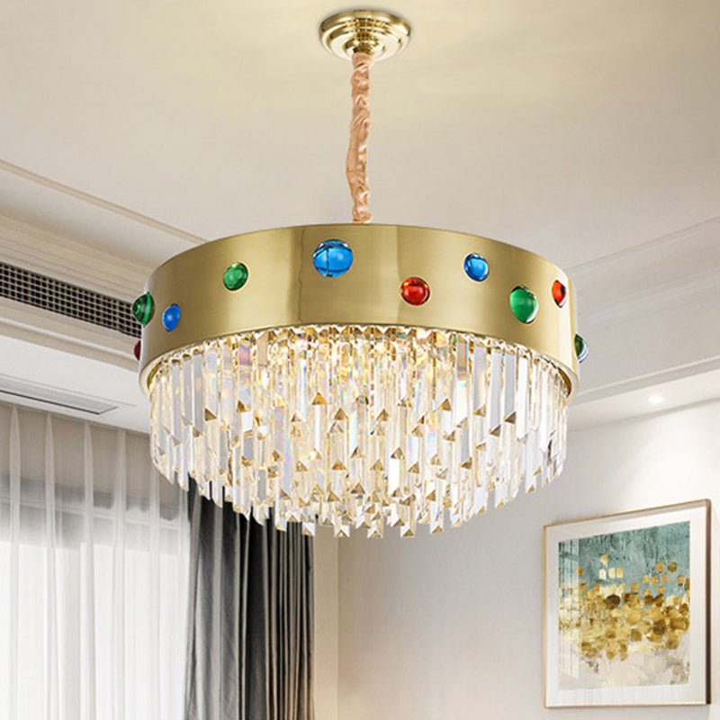 Metal Drum Hanging Chandelier with Gem Decoration Modernist Crystal 8 Heads Chandelier Lighting in Gold