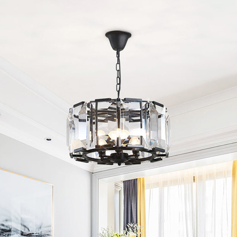 18"/25.5" Diameter Metal Drum Shade Ceiling Chandelier with Crystal Block Vintage 5/8 Heads Hanging Lamp in Black