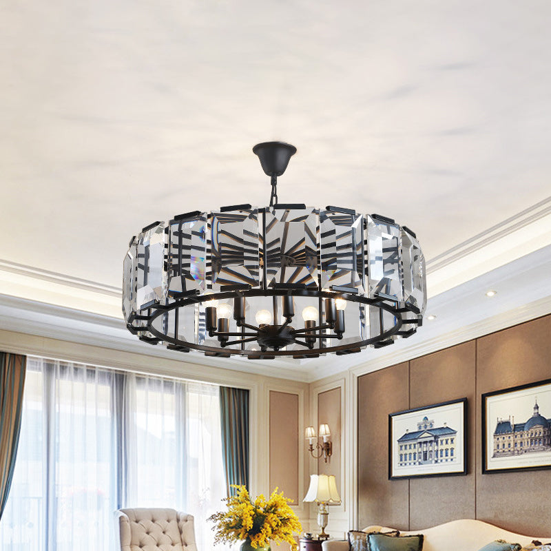 18"/25.5" Diameter Metal Drum Shade Ceiling Chandelier with Crystal Block Vintage 5/8 Heads Hanging Lamp in Black