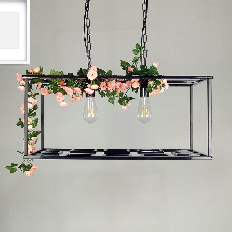 Rectangle Cage Hanging Lamp Vintage Metallic 2 Bulbs Ceiling Chandelier with Flower Decoration in Black