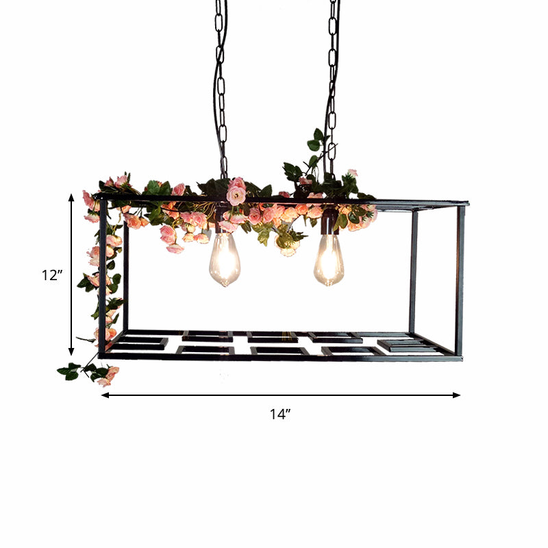 Rectangle Cage Hanging Lamp Vintage Metallic 2 Bulbs Ceiling Chandelier with Flower Decoration in Black