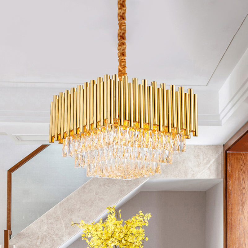 Golden Square Hanging Ceiling Light with Crystal Block Vintage 6/10/12 Lights Chandelier Lamp, 16"/19.5"/23.5" Width