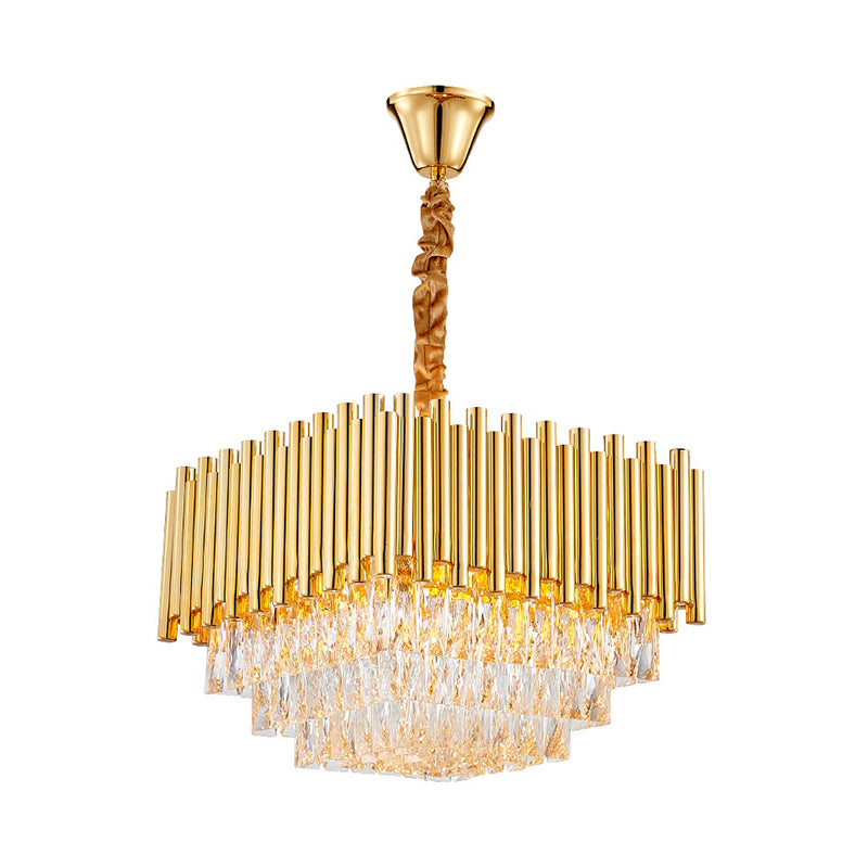 Golden Square Hanging Ceiling Light with Crystal Block Vintage 6/10/12 Lights Chandelier Lamp, 16"/19.5"/23.5" Width