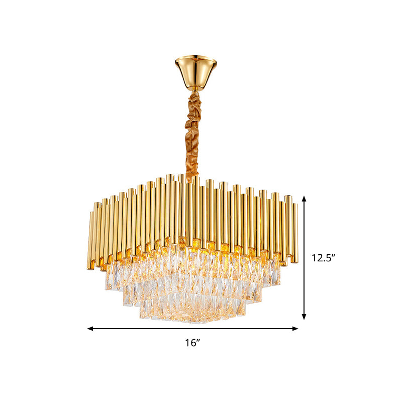 Golden Square Hanging Ceiling Light with Crystal Block Vintage 6/10/12 Lights Chandelier Lamp, 16"/19.5"/23.5" Width